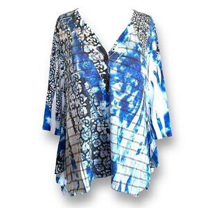 Cubism Womens Cardigan Sz M Indigo Blue Shibori Sublimation Lace Knit Artsy Boho